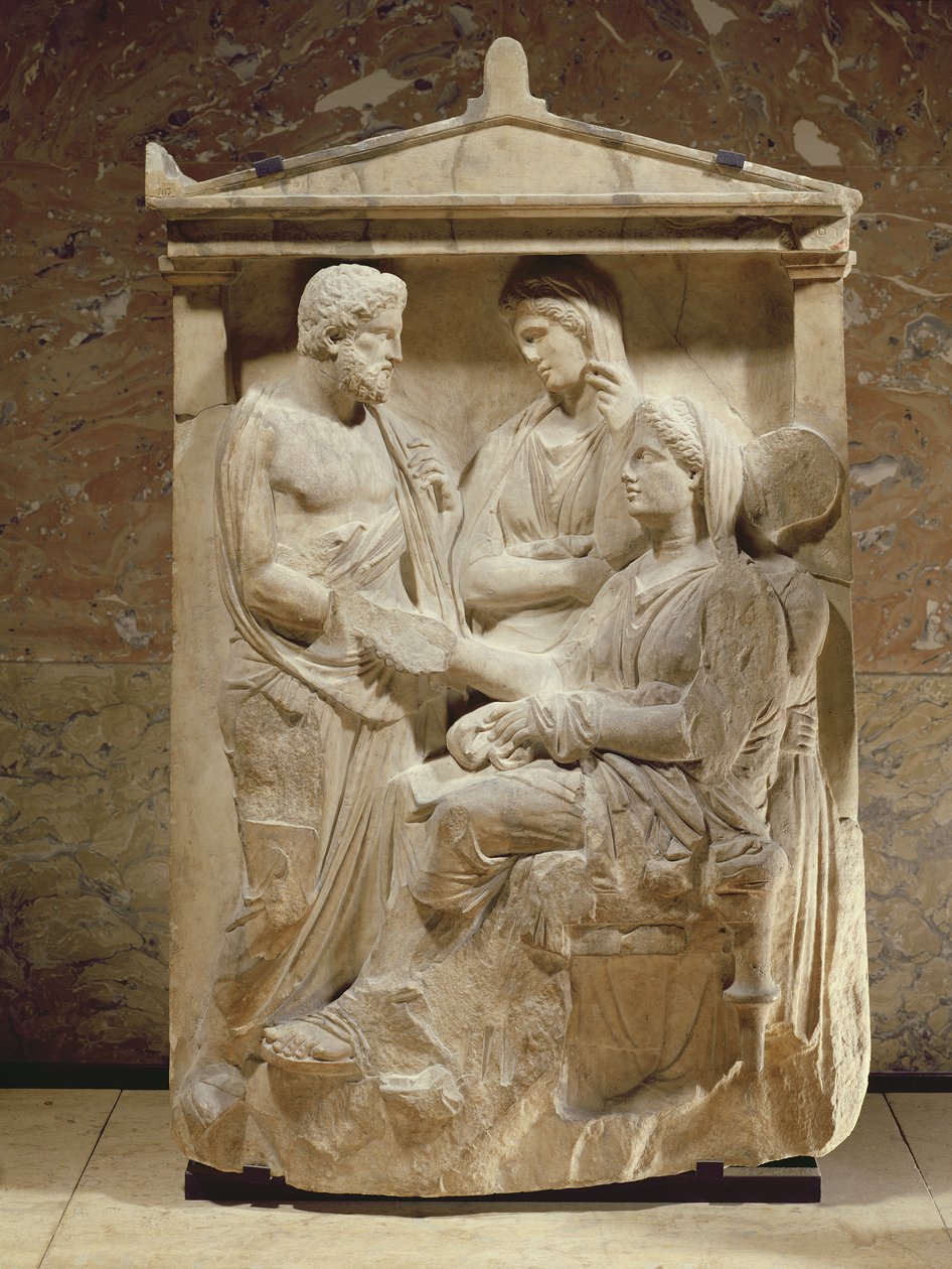 Phainippos e Mnesarete lápide mostrando reunião de família e aperto de mão, período ático, c.350 aC (mármore) de Greek