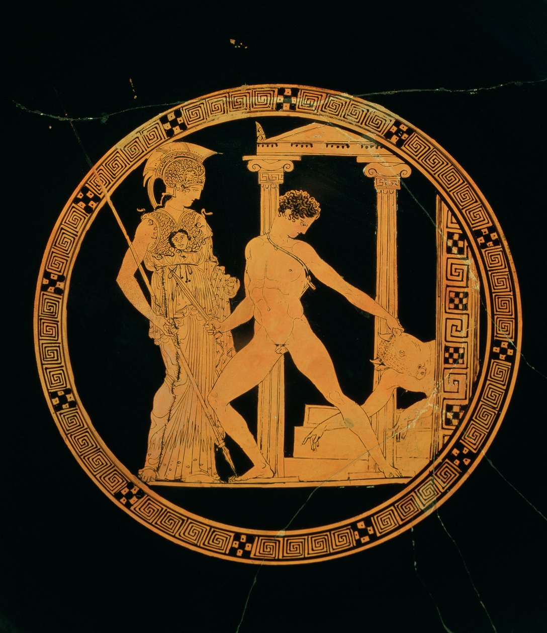 Taça de figuras vermelhas representando Atena, Teseu e o Minotauro (cerâmica) de Greek