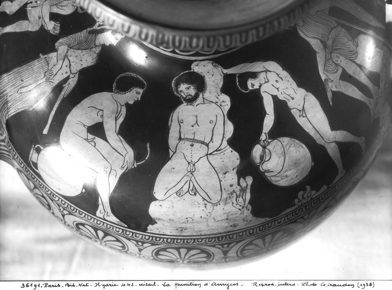 Hidrria de figuras vermelhas representando o castigo de Amico, 700-480 aC (cerâmica) de Greek