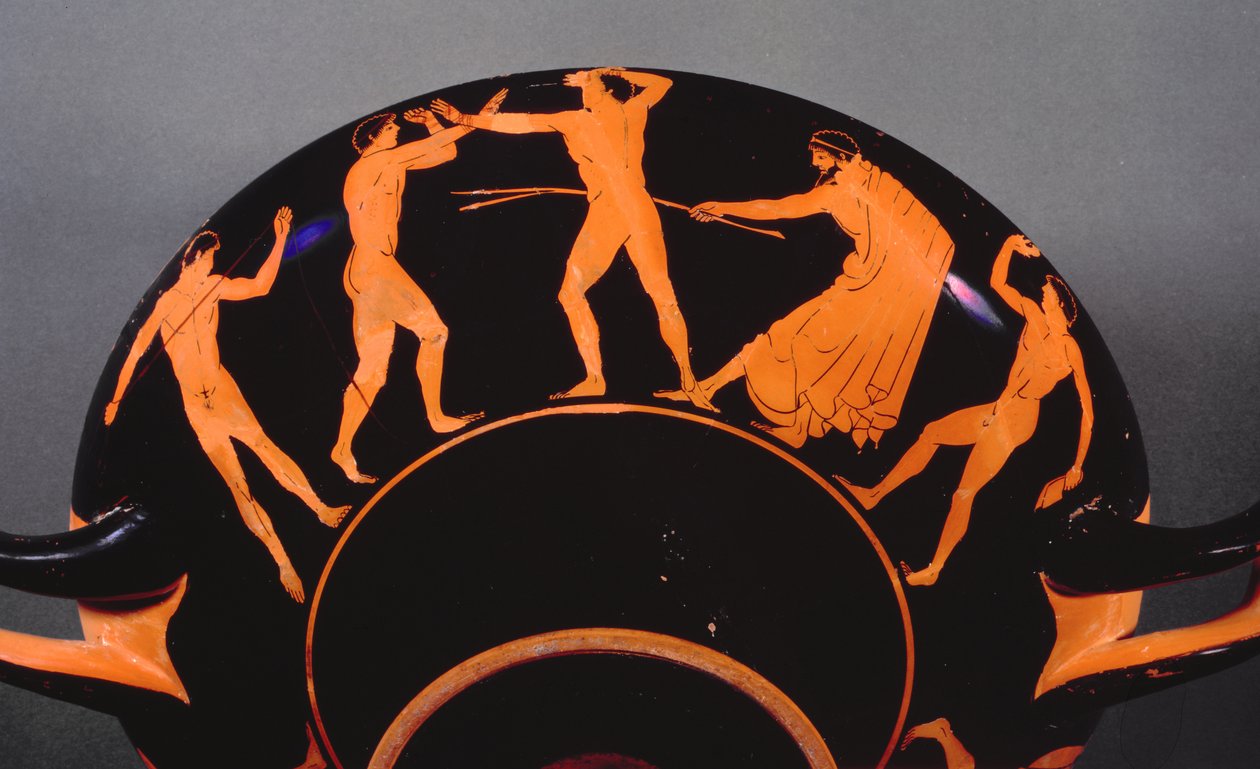 Kylix de figuras vermelhas representando o treinamento de atletas, c.500 aC (cerâmica de figuras vermelhas) (ver também 103374) de Greek
