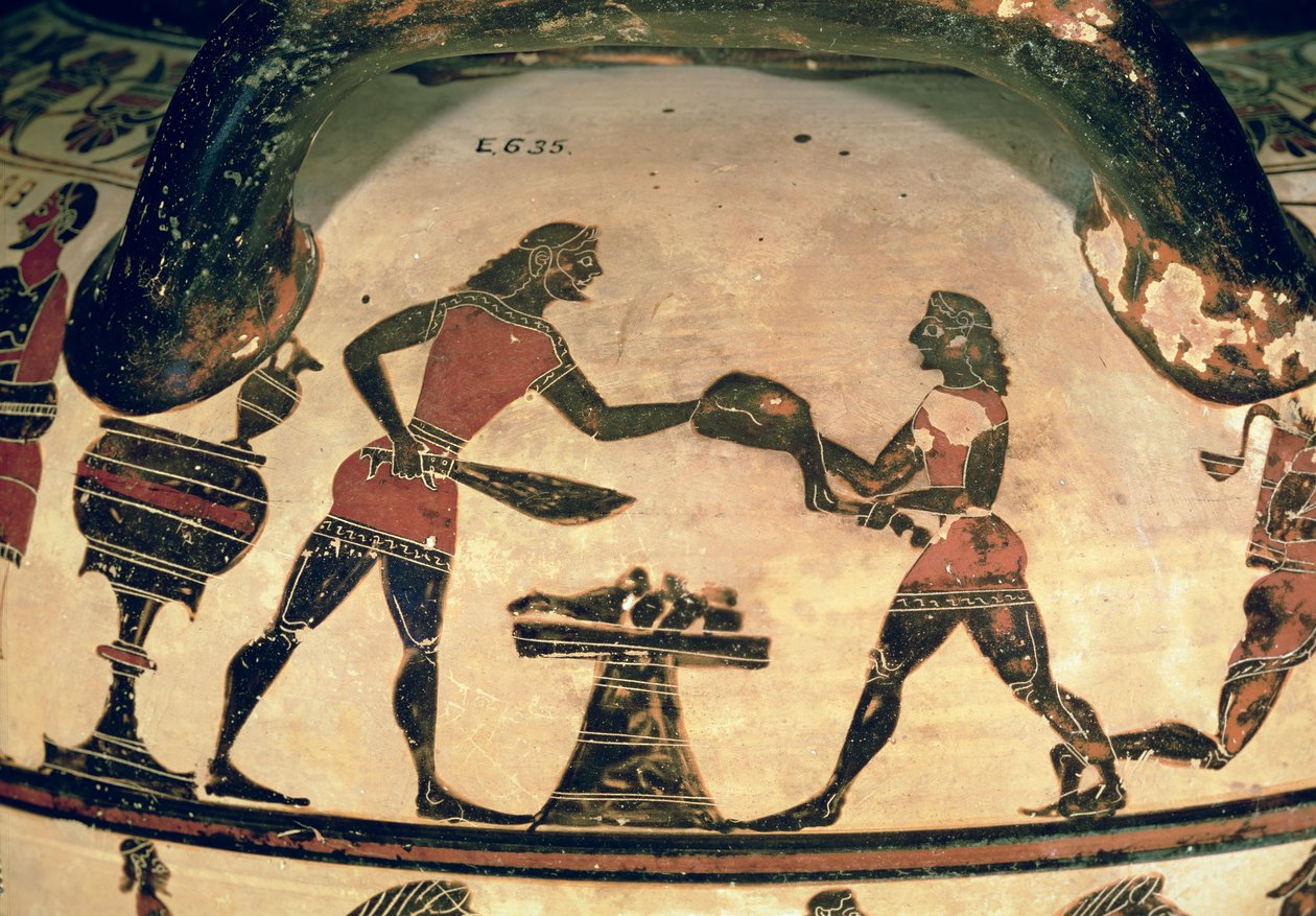 Servos Preparando Alimentos para um Simpósio, detalhe de um coluna-krater dos Coríntios Coríntios primitivos, de Cerveteri, c.600 aC (cerâmica) (veja também 92578) de Greek