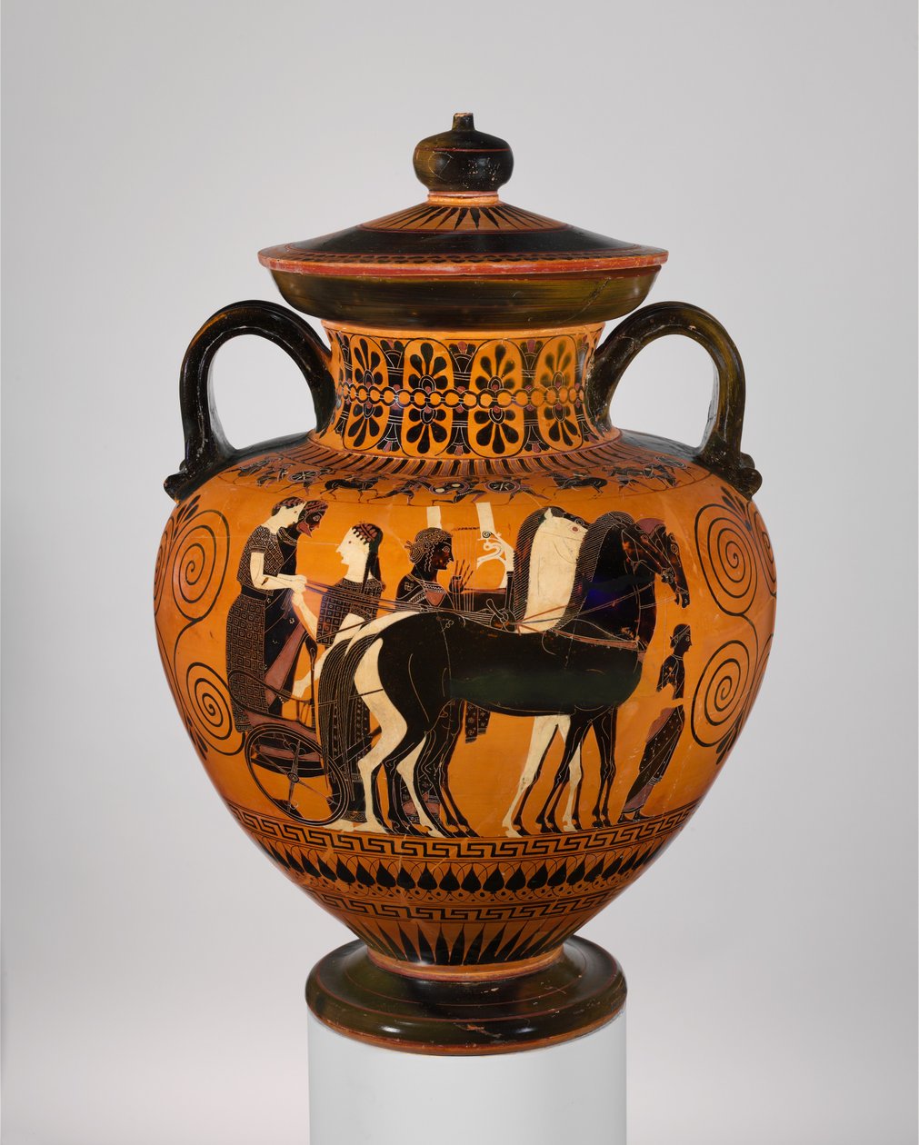 Ânfora de gargalo de terracota com tampa e manípulo, c.540 aC (terracota) de Greek