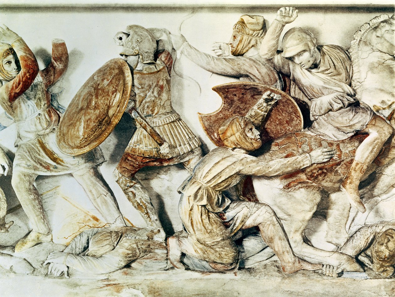 O Sarcófago de Alexander representando uma cena de batalha, c.325-300 aC (pintura de parede) de Greek