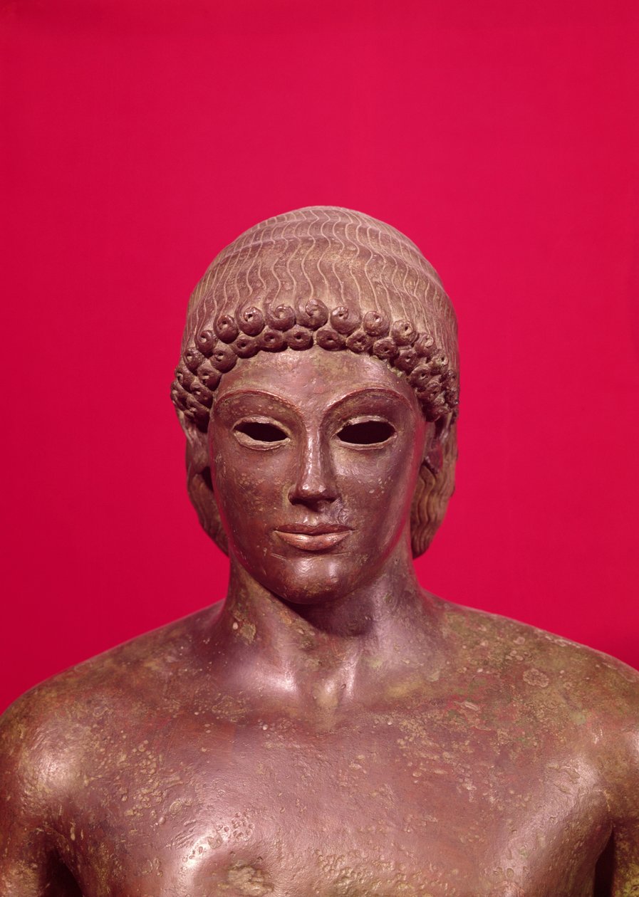 O Apolo de Piombino, detalhe da cabeça da estátua, encontrado em Benevento, grego, c.480 aC bronze veja também 98014-16 e 177203 de Greek