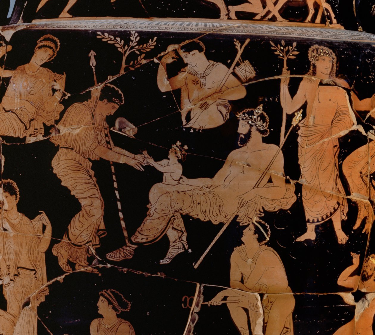 O nascimento de Dionísio, krater de figuras vermelhas Proto-Apulian, final do século 5 aC - início do século IV aC detalhe cerâmico de 153339 de Greek