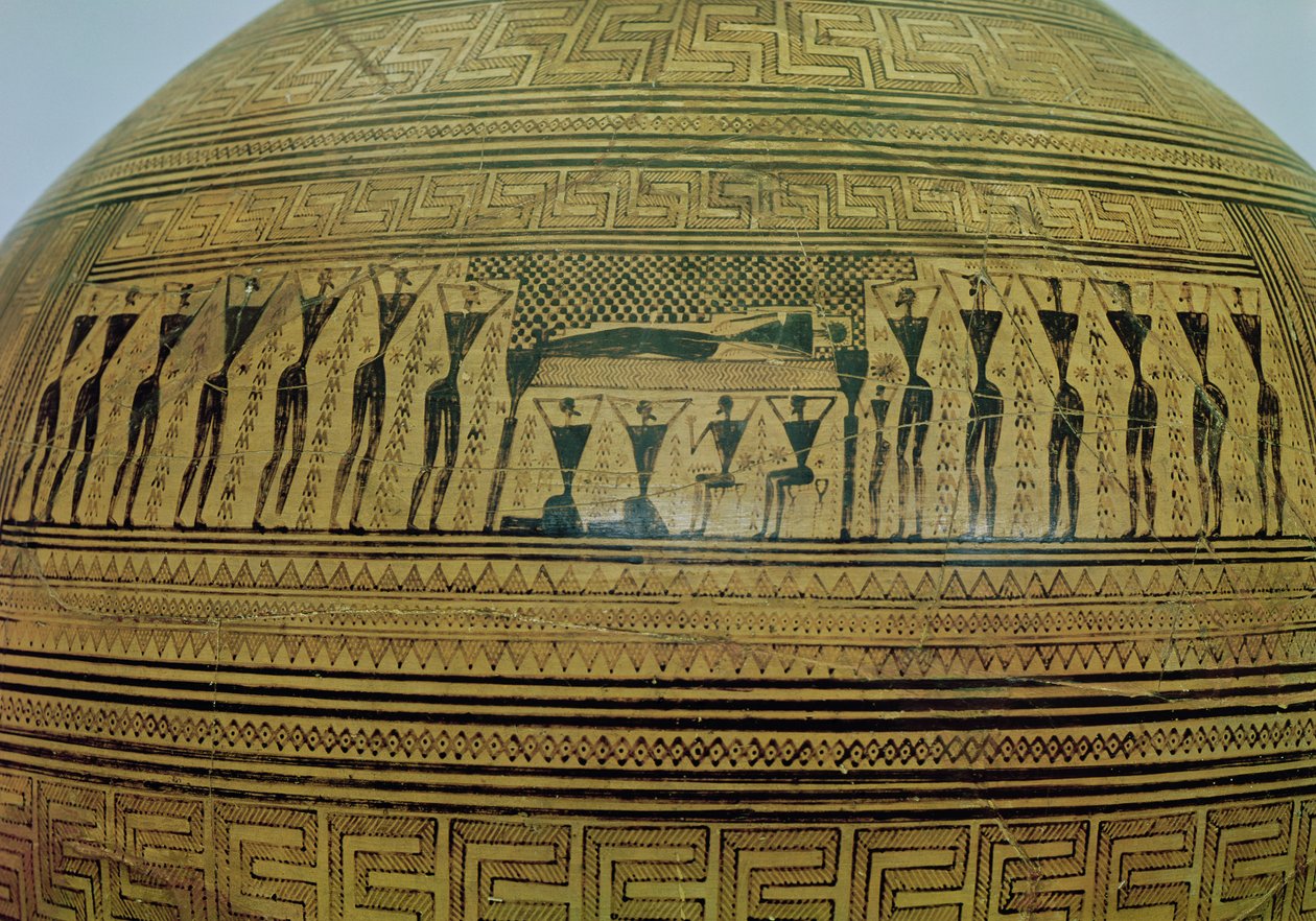 A ânfora de Dipylon, urna funerária no estilo geométrico da Necrópole de Kerameikos, detalhe da cena fúnebre, Atenas, c.750 aC terracota ver 88063 de Greek