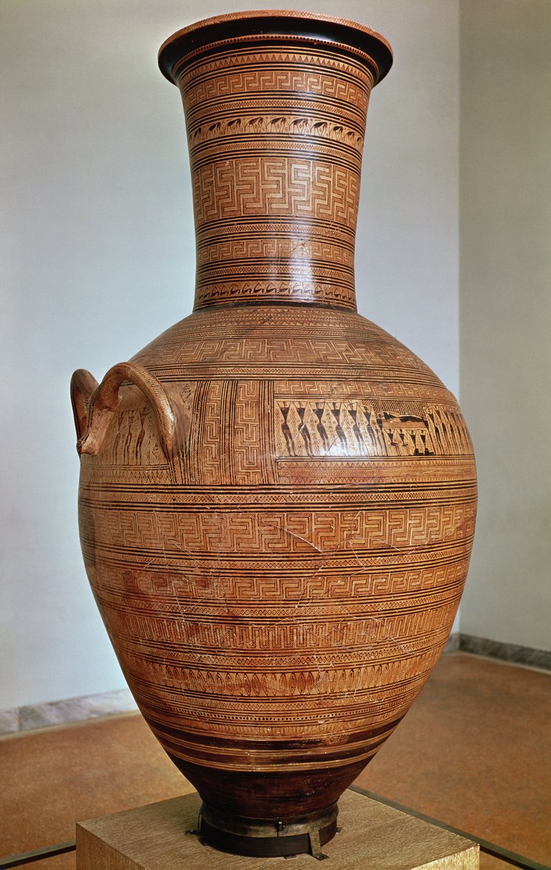 A ânfora de Dipylon, urna funerária no estilo geométrico da Necrópole de Kerameikos, Atenas, c.750 aC (terracota) (ver também 88063) de Greek