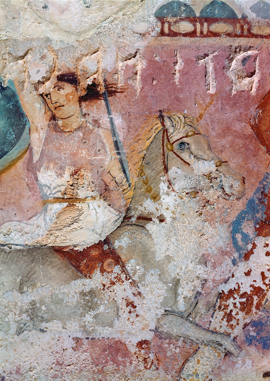 O Sarcófago das Amazonas, detalhe de um cavaleiro, de Tarquinia tempera em alabastro de Greek