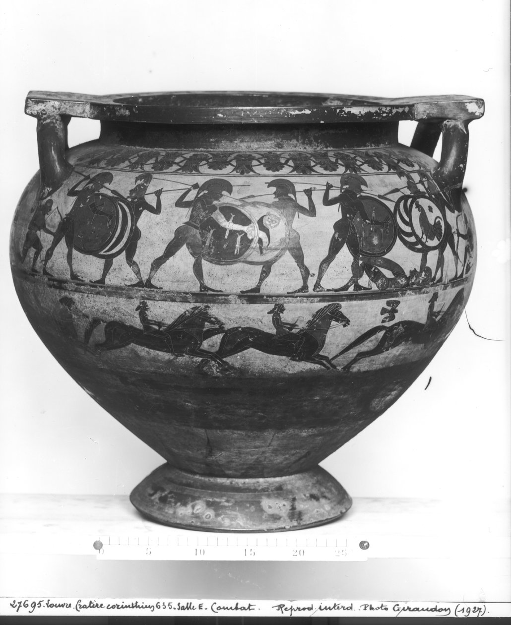Guerreiros lutando, reverso do &39;Krater de Eurytios&39;, estilo corintiano, de Cerveteri, c.600 aC (cerâmica) de Greek