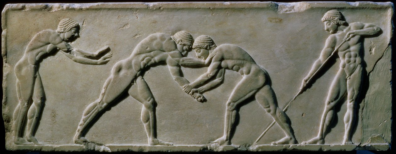 Jovens homens lutando, a partir de uma base de estátua encontrada no Cemitério de Dipylon, Atenas, c.510 aC (mármore) (ver também 60008-9 e 60011) de Greek