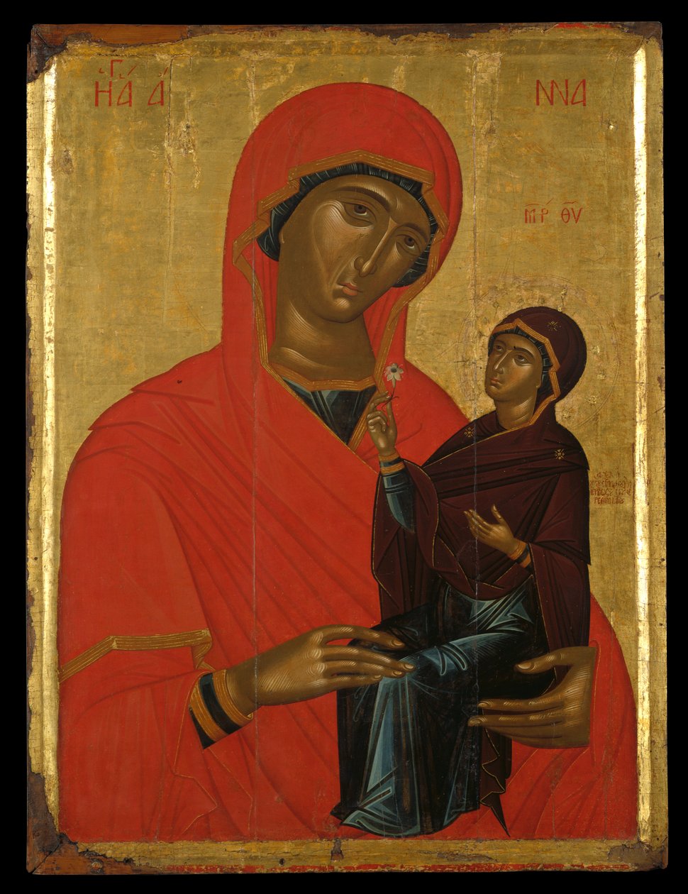 Ícone de Santa Ana e a Virgem (tempera de ovo no painel) de Greek School
