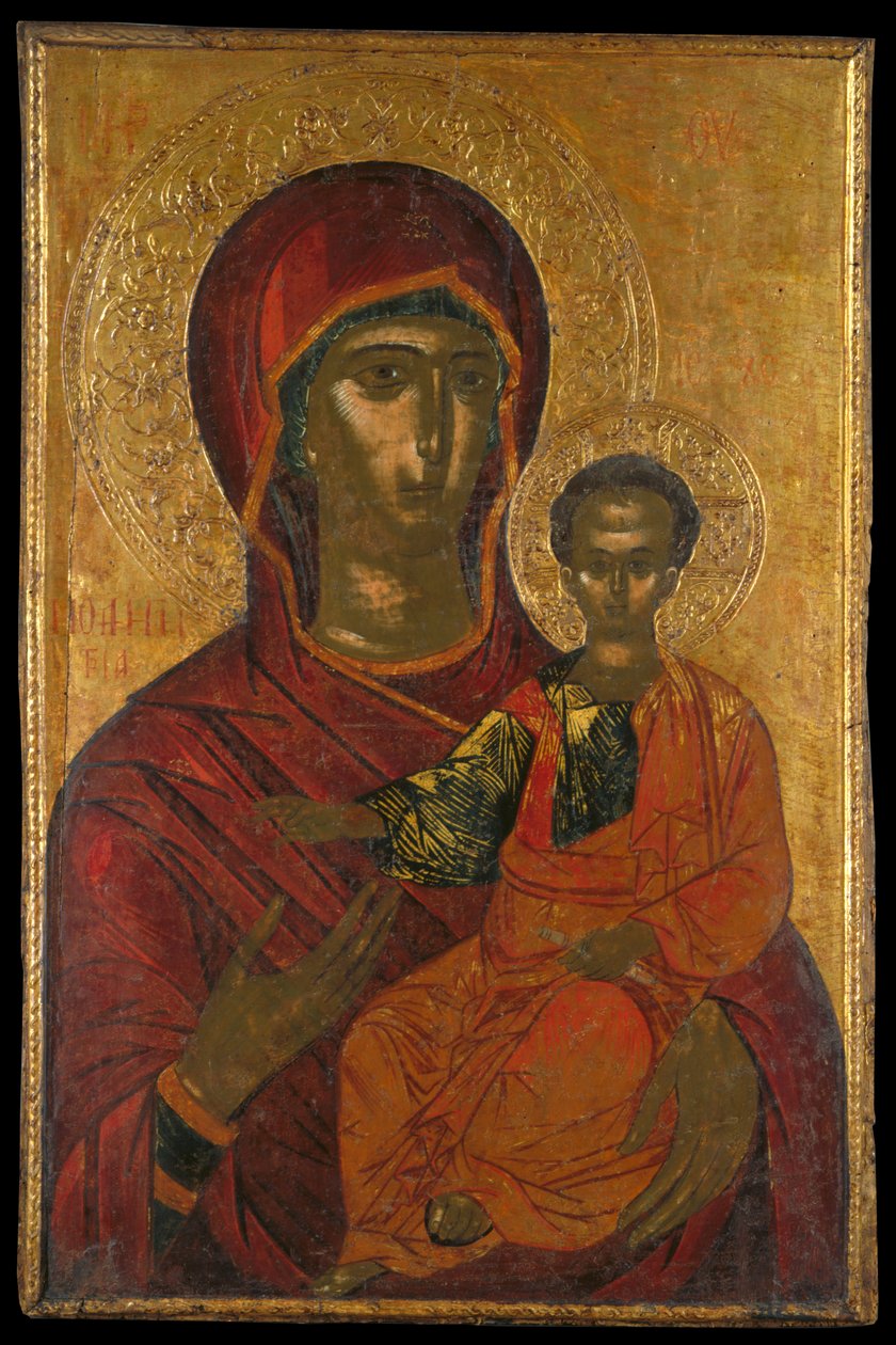 Ícone de iconóstase de uma tela santuário representando a virgem Hodegetria (tempera de ovo no painel) de Greek School