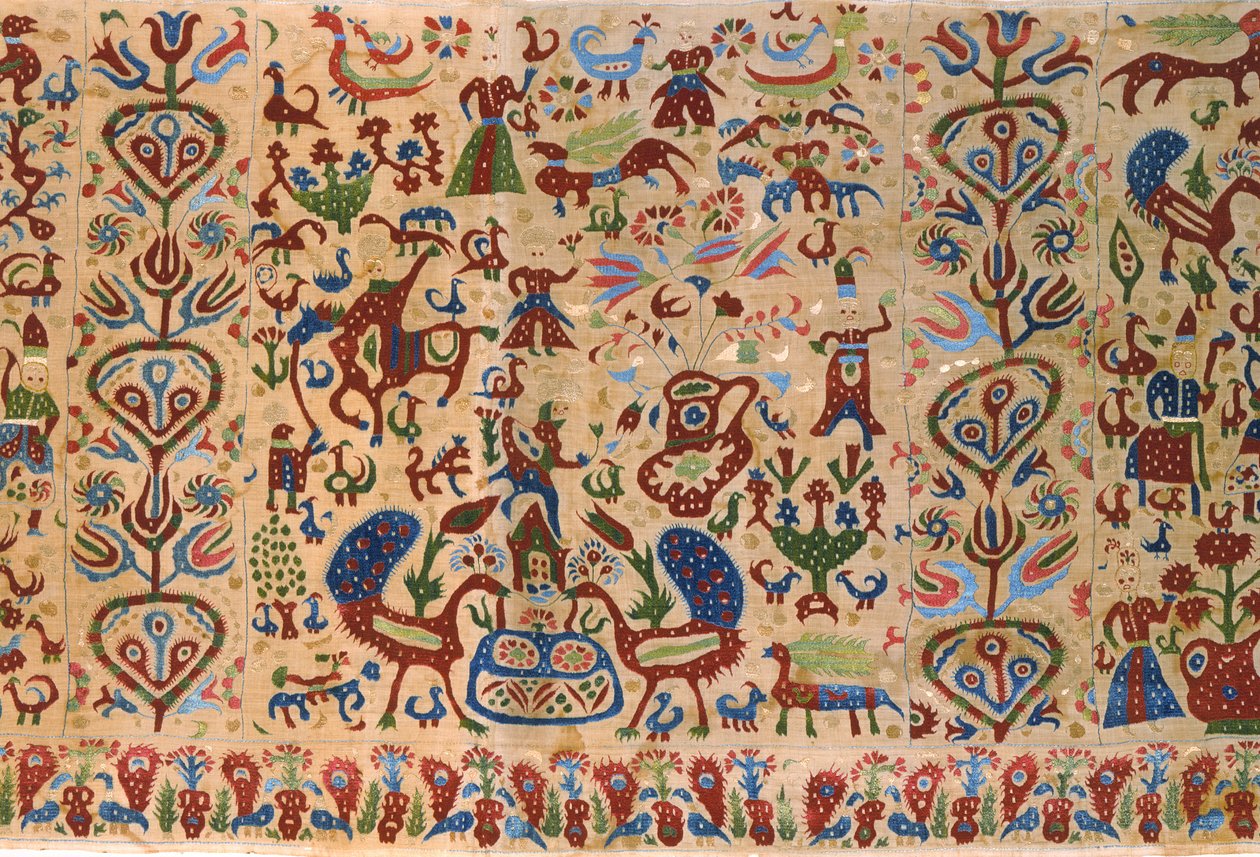 Parte de uma saia para cama de noiva, de Ioannina, Ipeiros (detalhe de linho bordado com fios de seda) (ver também 271904) de Greek School