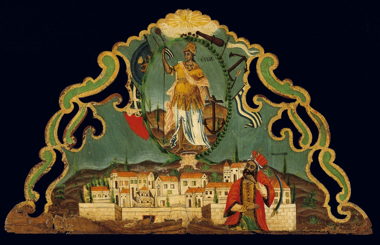 Pelmet representando o renascimento da Grécia acima de uma representação de Constantinopla, de Syros, Cyclades (ovo tempera na madeira) de Greek School