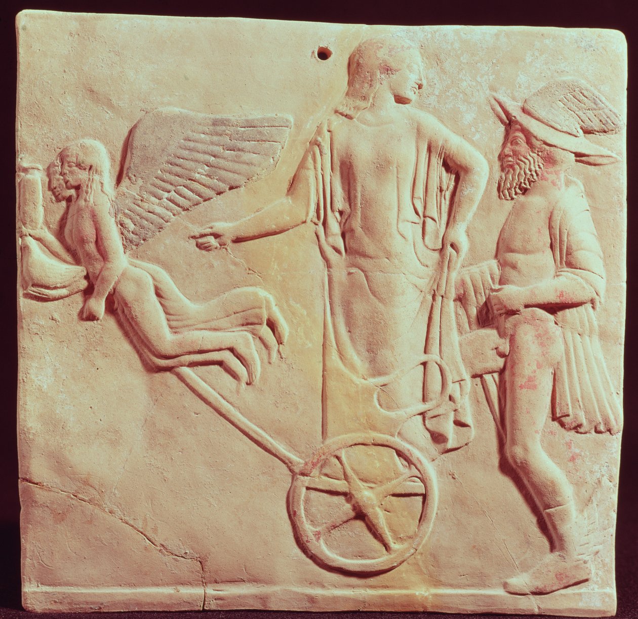 Afrodite e Hermes andando em uma carruagem puxada por Eros e Psique, 470 aC (terracota) de Greek