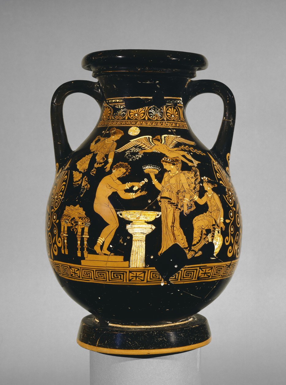 Pelike Apulian-figura-vermelha decorada com uma cena de uma noiva em sua toilette, o Grupo Suckling, encontrado em Basilicata, c.375-350 aC (cerâmica) de Greek