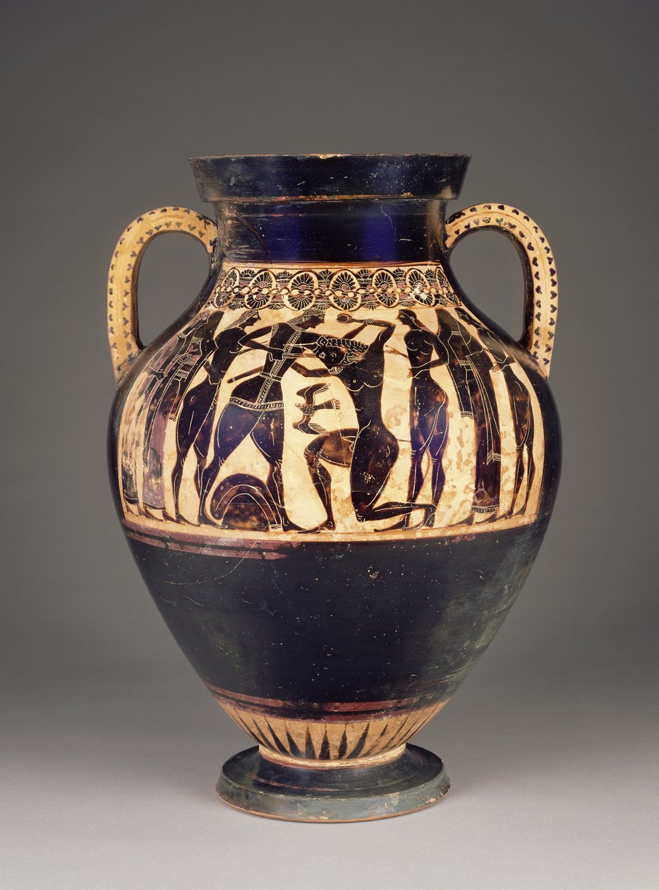 Ânfora ateniense ática de figuras negras atribuída a Lídio com Teseu matando o Minotauro, 550-40 aC (terracota) de Greek