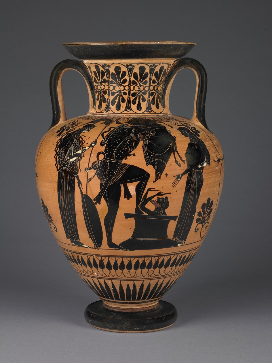 Ânfora ateniense ática de figuras negras com Heracles carregando o javali Erymanthean, c.510 aC (terracota) de Greek