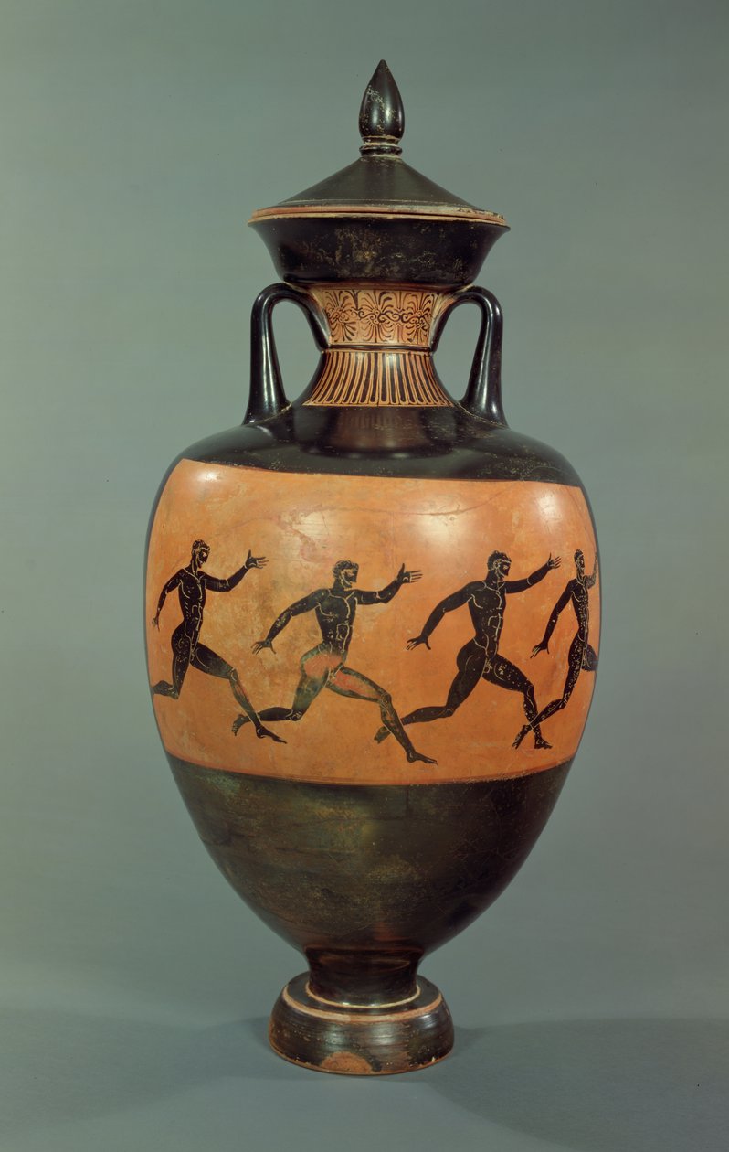 Ânfora panatenaica ática de figuras negras decorada com homens correndo, 375-370 aC (cerâmica) de Greek