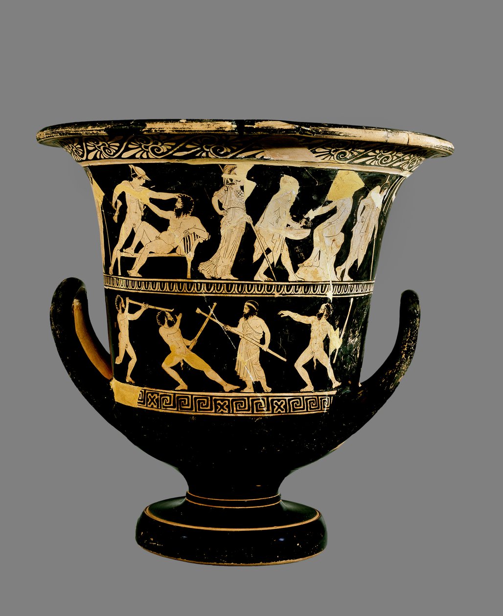 Cratera de sótão de figura vermelha decorada com cenas das aventuras de Theseus, do pintor Dinos, c.425 (cerâmica) de Greek