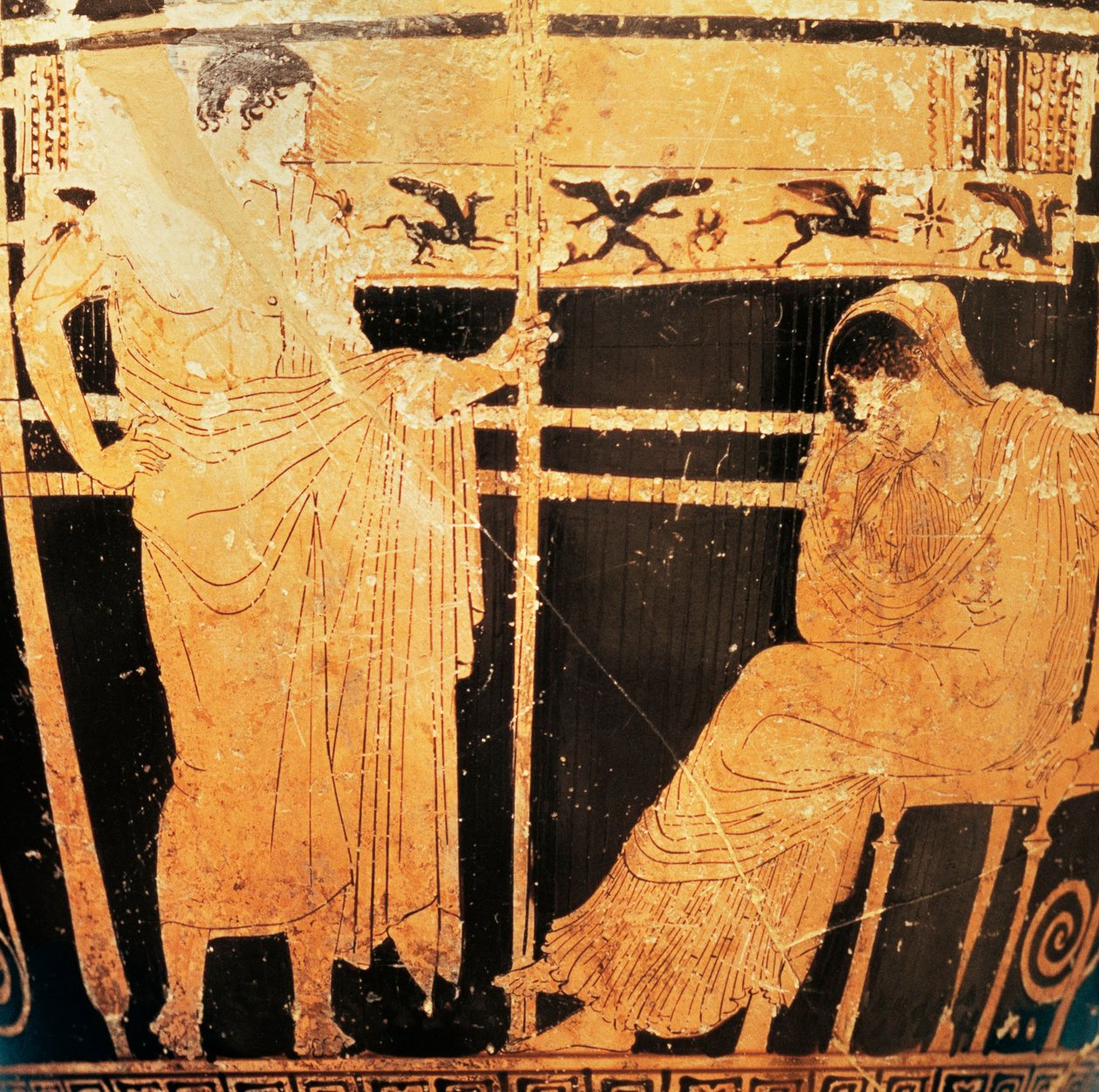 Sótão skyphos do pintor de Thelemacus retratando Penelope e Telemachus (cerâmica vermelha) de Greek