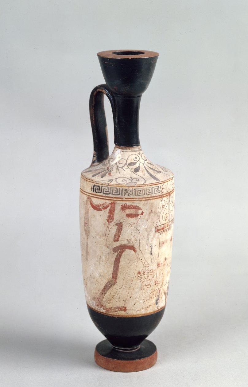 Lekythos de chão branco ático representando uma jovem garota apresentando uma oferenda funerária, c.420 aC (cerâmica) de Greek