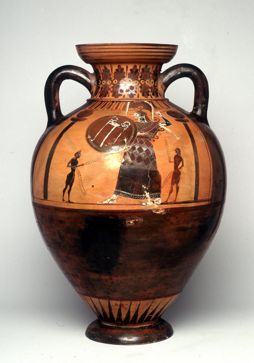 Vaso em figura negra representando Athena brandindo um escudo e uma lança, 550 AC (cerâmica) de Greek