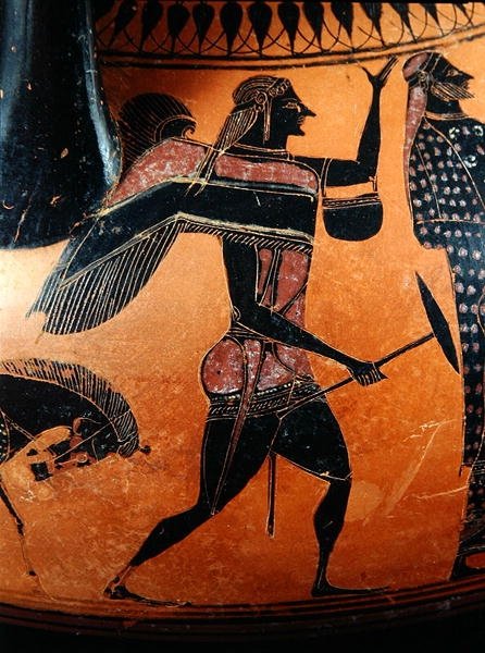 Detalhe de uma Ânfora retratando a história de Theseus e do Minotauro, c.540 BC (barro) (ver também 288292 e 288293) de Greek
