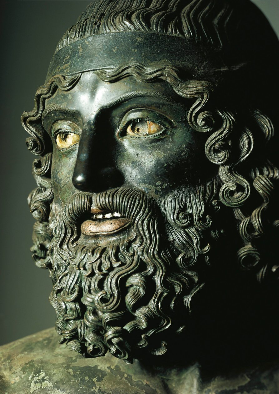 Pormenor da cabeça da Estátua A ou do Jovem do Riace Bronzes (bronze) BC de Greek