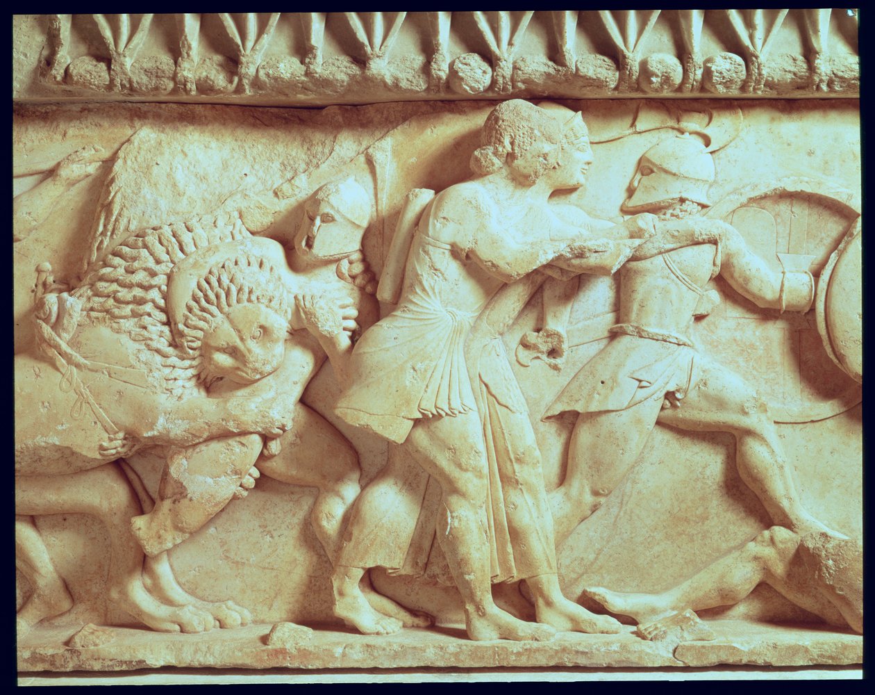 Detalhe do friso norte do Tesouro Siphnian representando deuses lutando gigantes, c. de Greek