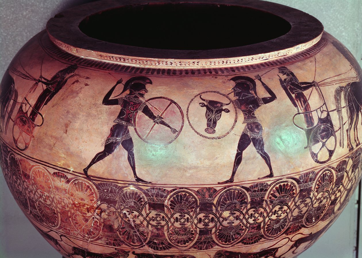 Dinos representando Perseu e as Górgonas, detalhe mostrando os hoplitas brigando entre seus carros, c.580 aC (cerâmica) (ver também 173180) de Greek