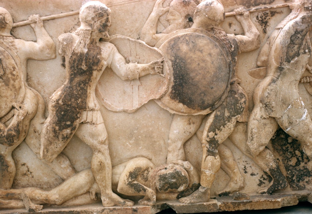 Luta pelo corpo de Pátroclo, friso do Tesouro Siphniano, c.525 aC (mármore) de Greek