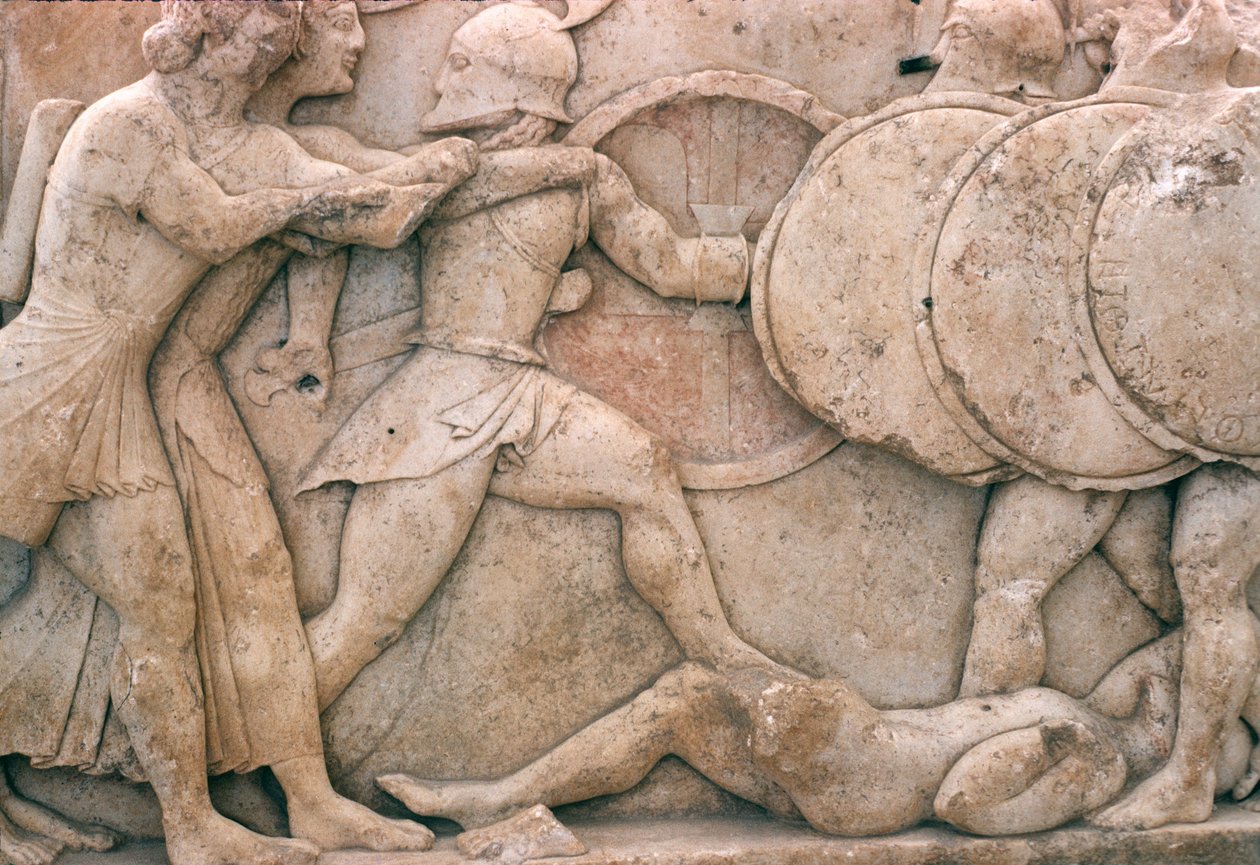 Lutando fora de Tróia, friso do Tesouro Siphniano, c.525 aC (mármore) de Greek