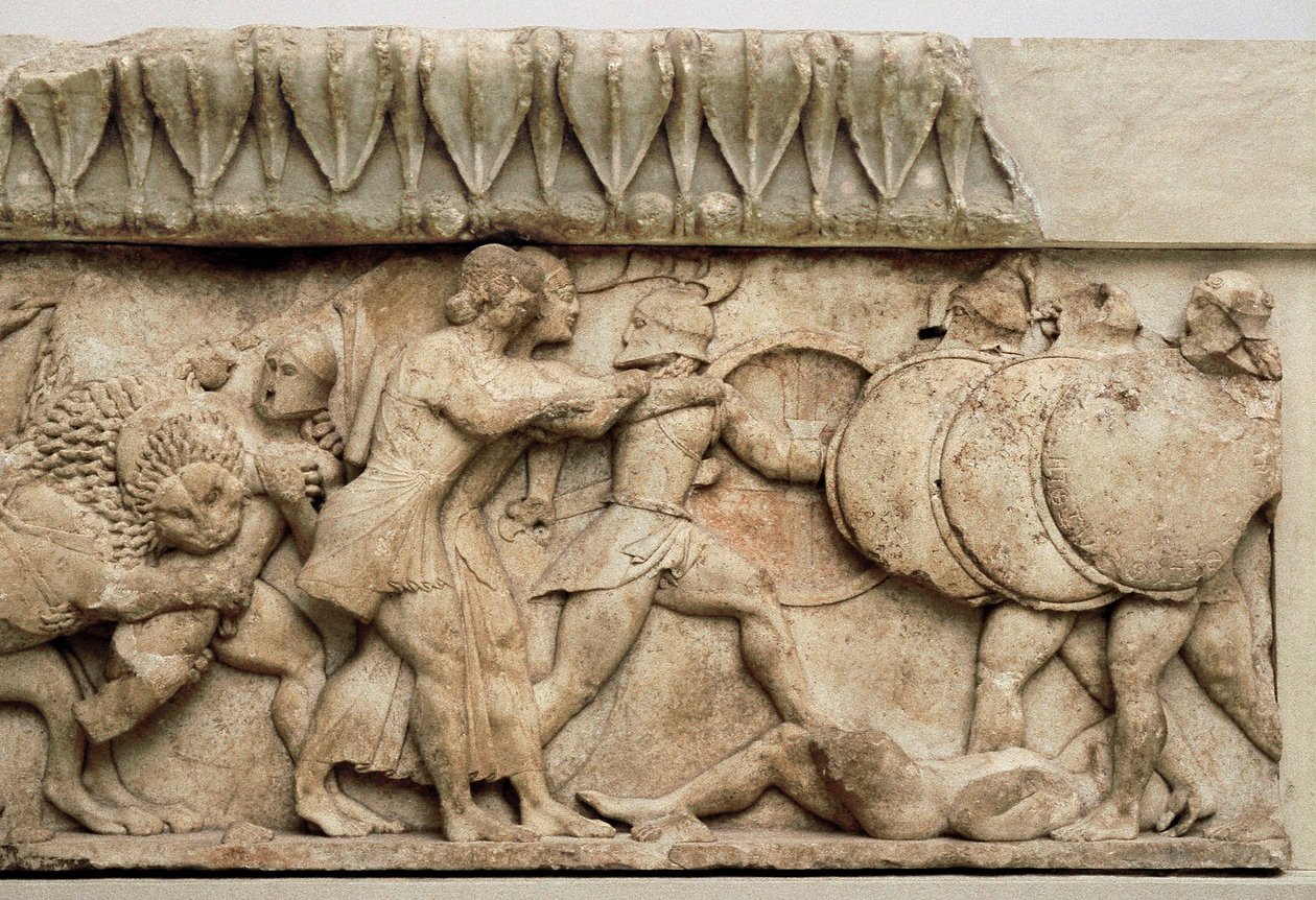 Gigantomachy: O leão de Cybele devora um gigante enquanto Apolo e Artemis lutam contra os gigantes, 525 a.C. de Greek