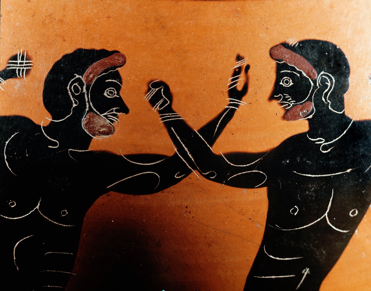 Arte grega: ânfora Panathenaic Terracotta: detalhe retratando uma batalha de pugilat. Tumba do guerreiro Vulci. Século VI a.C. Roma, Museo Nazionale di Villa Giulia. de Greek