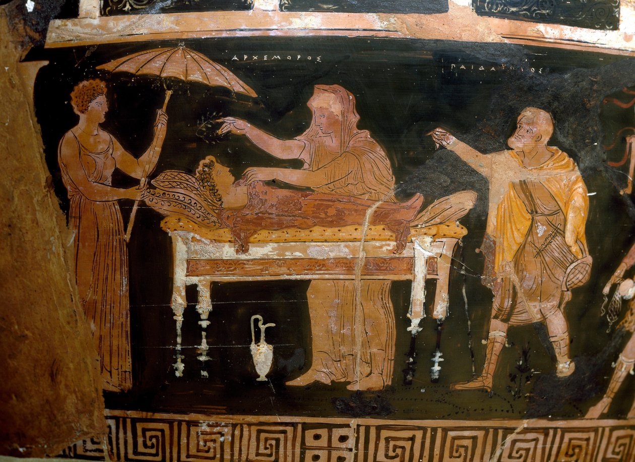 Arte grega: Vaso de Arhemore: o Funeral de Arhemore (Opheltes) Pintura do pintor de Darius. De Ruvo. Século IV AC. Museo Archeologico Nazionale, Nápoles. de Greek