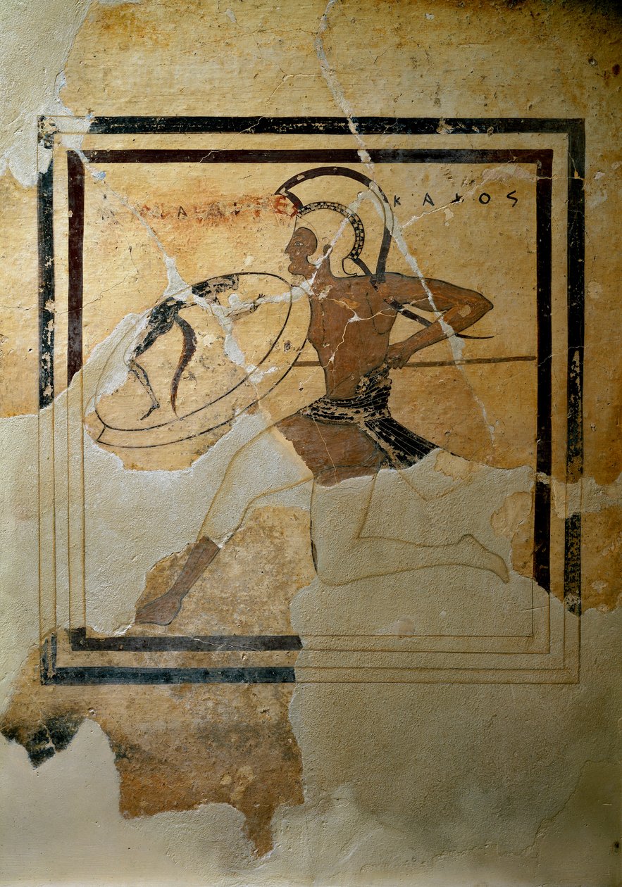 Arte grega: "pynax (comprimido votivo) de terracota representando um hoplite em corrida completa" 520-510 AC. Sol. h. 65,5 cm Athenes, Museu da Acrópole (inv. 67) de Greek