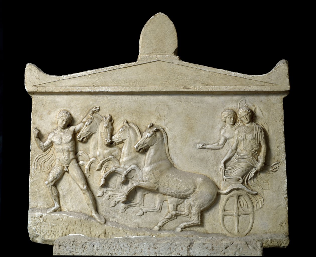 Arte grega: alívio dedicado a Hermes e às ninfas: o Quadrige de Echelos removendo o Basílico. 420-410 AC. Athenes, Museu Nacional de Arqueologia de Greek
