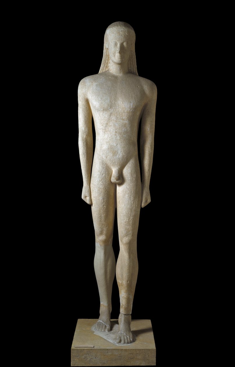 Arte grega: estátua de Kouros, escultura do jovem do período arcaico (650-500 a.C.), 530-520 a.C., de Melos, Dim. 1,94 m - Ateneu, Museu Nacional de Arqueologia - Kouros - Escultura grega arcaica (650-500 aC), de Melos, 530-520 aC (H.194 cm) - Natio de Greek