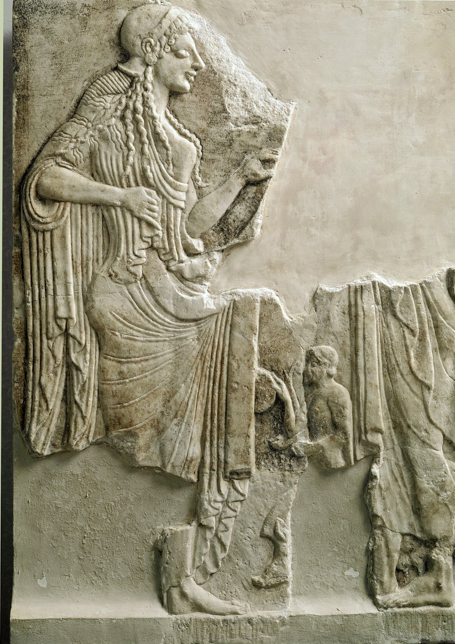 Antiguidade grega: "uma família a fazer um sacrifício à deusa Atena" Baixo alívio. 550 AC. Da acrópole de Atenienses. Atenienses, Museu da Acrópole de Greek