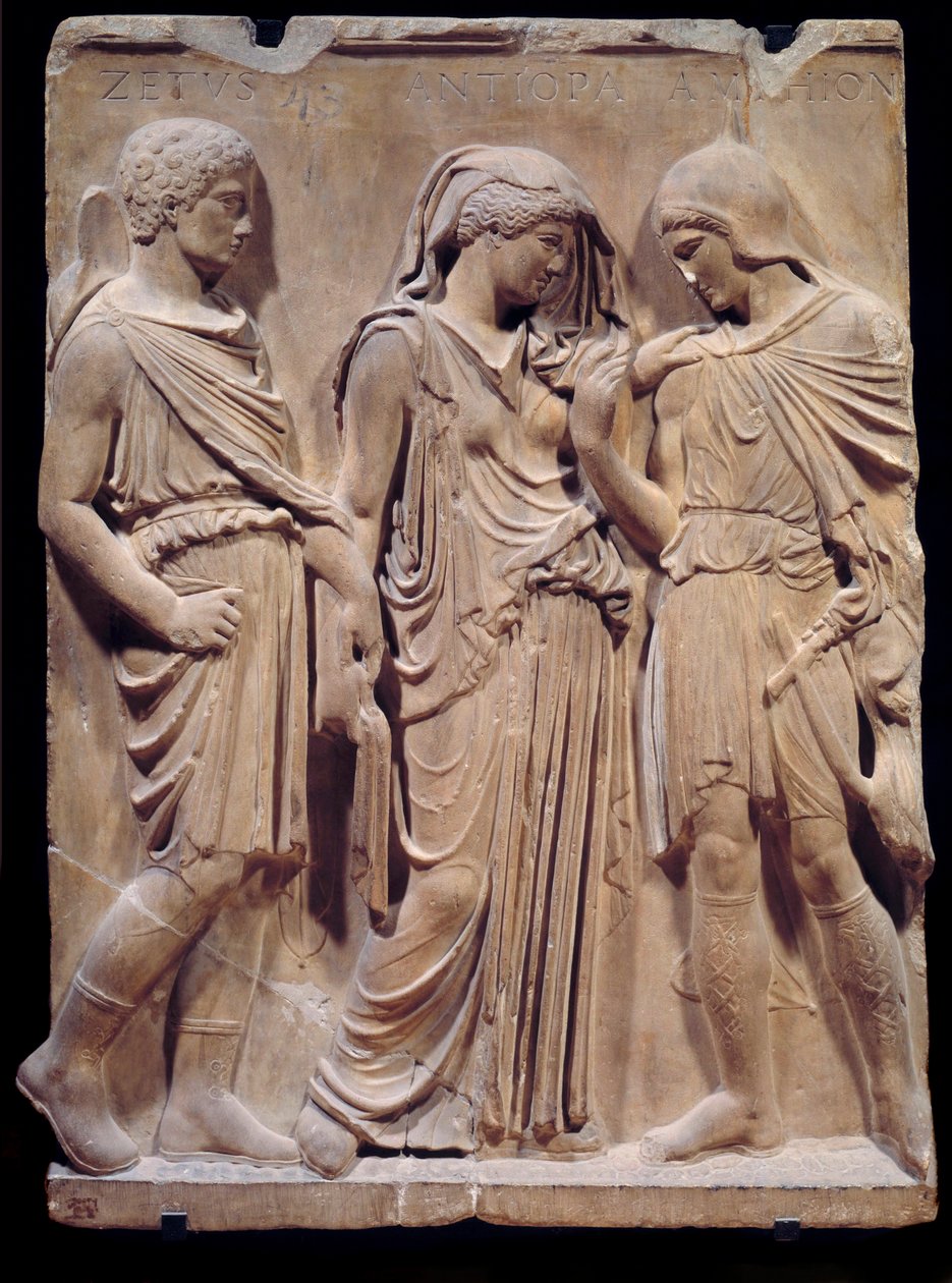 Antiguidade grega: a despedida de Orphee para Eurídice que Hermes está preparado para trazer de volta ao inferno. A inscrição com os nomes de Zethus, Antiope e Amphion remonta ao renascimento. Baixo relevo de mármore. 480-323 AC. Sol 1,2 m Paris, Musee du  de Greek