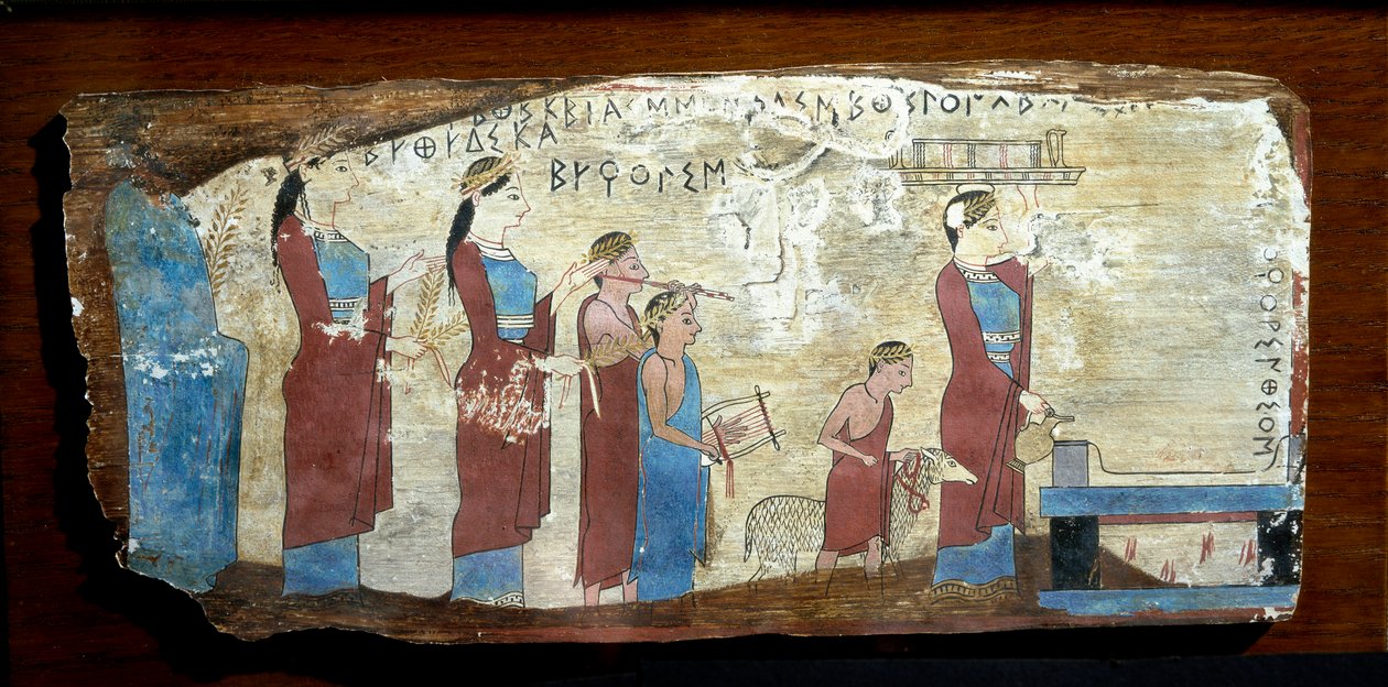 Antiquite grega: sacrifício de um cordeiro. Tinta de madeira de Sicyon, no Golfo de Corinto. Século VI a.C. Atenienses, Museu Nacional de Arqueologia de Greek