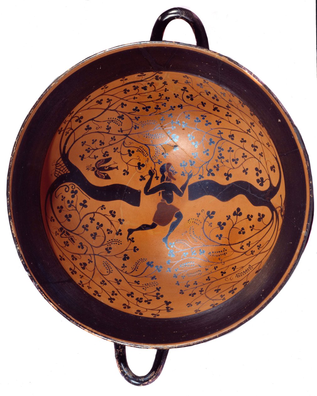 Arte grega: Taça jónica em cerâmica com figuras negras conhecidas como "taça com o pássaro". Um homem caça andorinhas. 550 AC. Sol 0,23 m Paris, Musee du Louvre de Greek