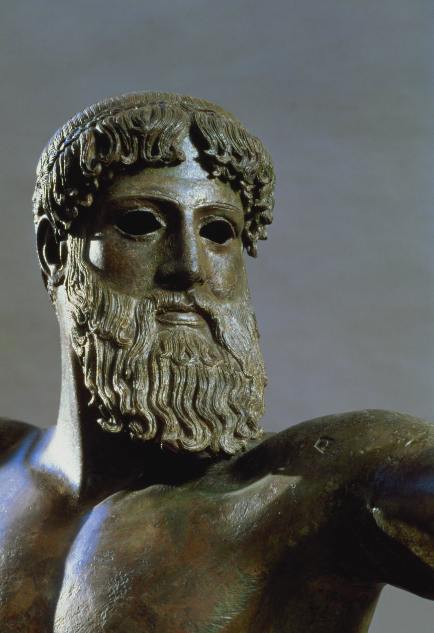 Cabeça de Poseidon, detalhe de bronze c.460-450 BC de 111367 de Greek