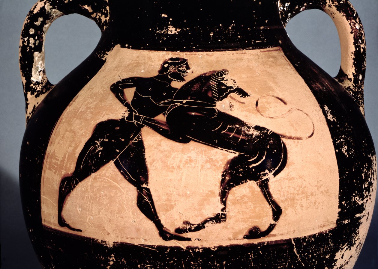 Herakles lutando com o leão da Neméia, detalhe de uma ânfora ática de figuras negras (cerâmica) de Greek