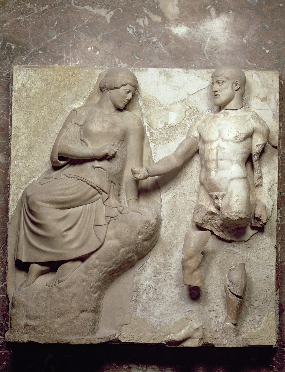 Hércules e Minerva, um de uma série de metopes representando os trabalhos de Hércules do Templo de Zeus em Olímpia, início do período clássico, c.470-457 aC (mármore pariano) de Greek