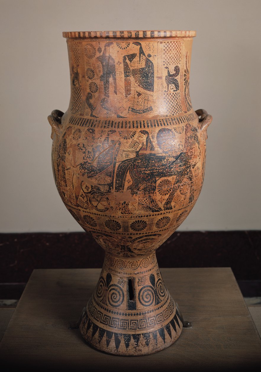 Krater representando a partida de Hércules, de Aptera em Creta, c.610 aC (cerâmica) de Greek