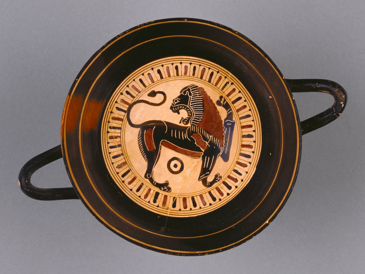 Kylix de figura negra laconiana atribuído ao pintor Hunt, c.540 aC (terracota) de Greek