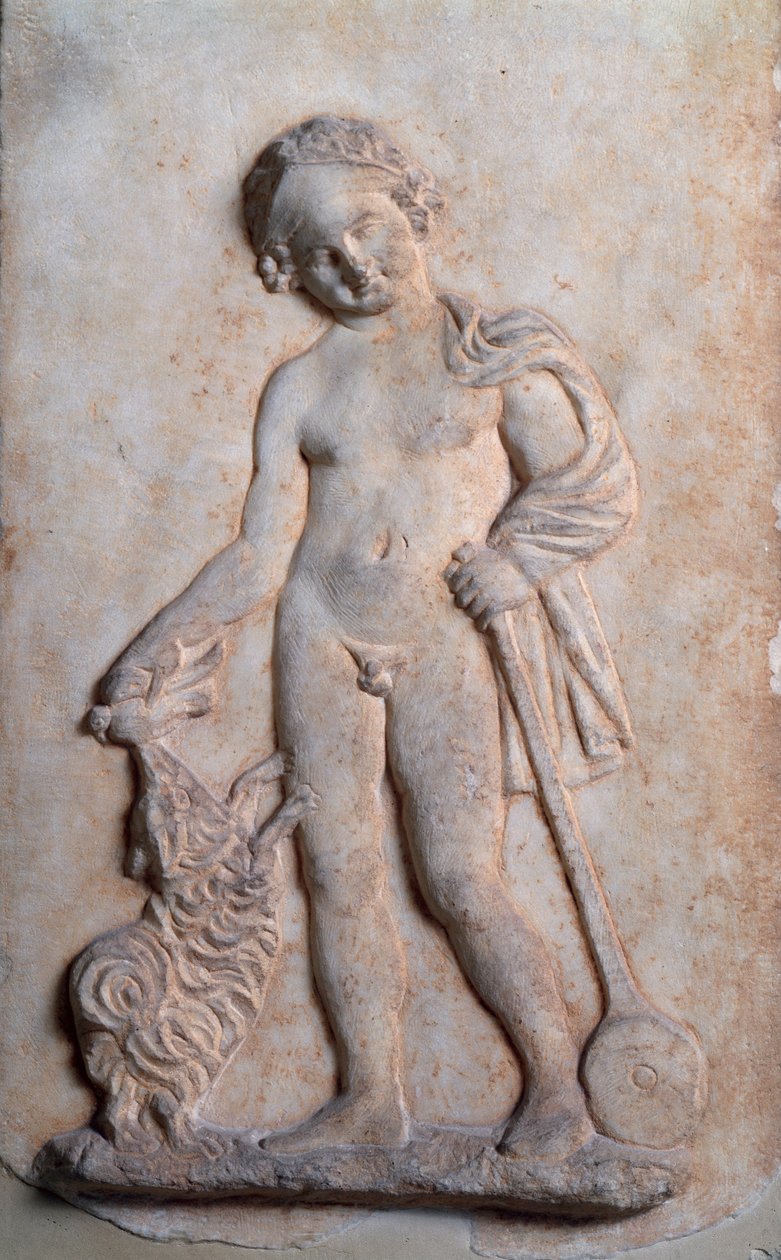 Magna graecia: menino brincando, relevo de mármore, século V a.C. de Greek