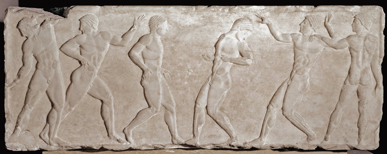Meias de mármore em relevo de um funerário Kouros representando seis atletas. 510 -500 AC. Da acrópole de Athenes. Museu Nacional de Arqueologia, Athenes. de Greek